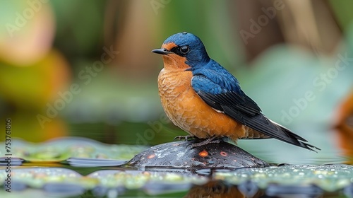 a blue and orange bird sitting on top of a rock in the middle of a body of water with lily pads around it.