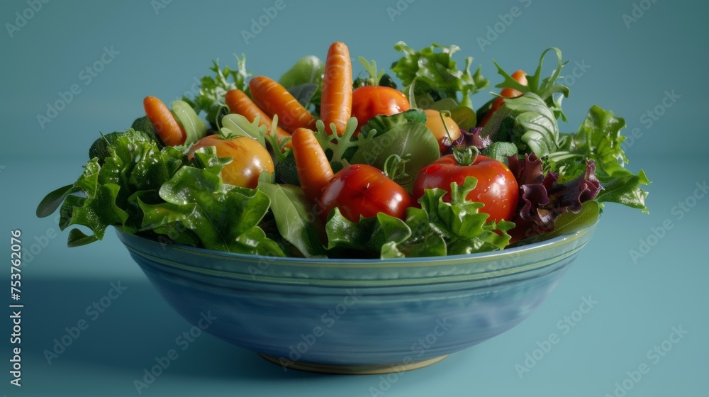 A vibrant and colorful vegetable salad, bursting with fresh greens, juicy tomatoes, and crunchy carrots, rendered in a realistic and lifelike A vibrant and colorful vegetable salad, bursting with fresh greens, juicy tomatoes, and crunchy carrots, rendered in a realistic and lifelike