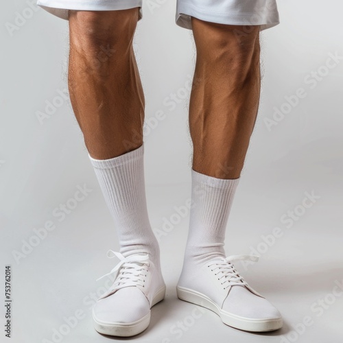 Close-up view of a man's legs donning pristine white socks and casual sneakers, embodying a clean and minimalist aesthetic.