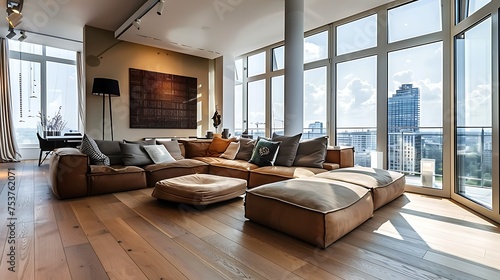 Elegant and comfortable designed living room with big corner sofa wooden floor and big windows