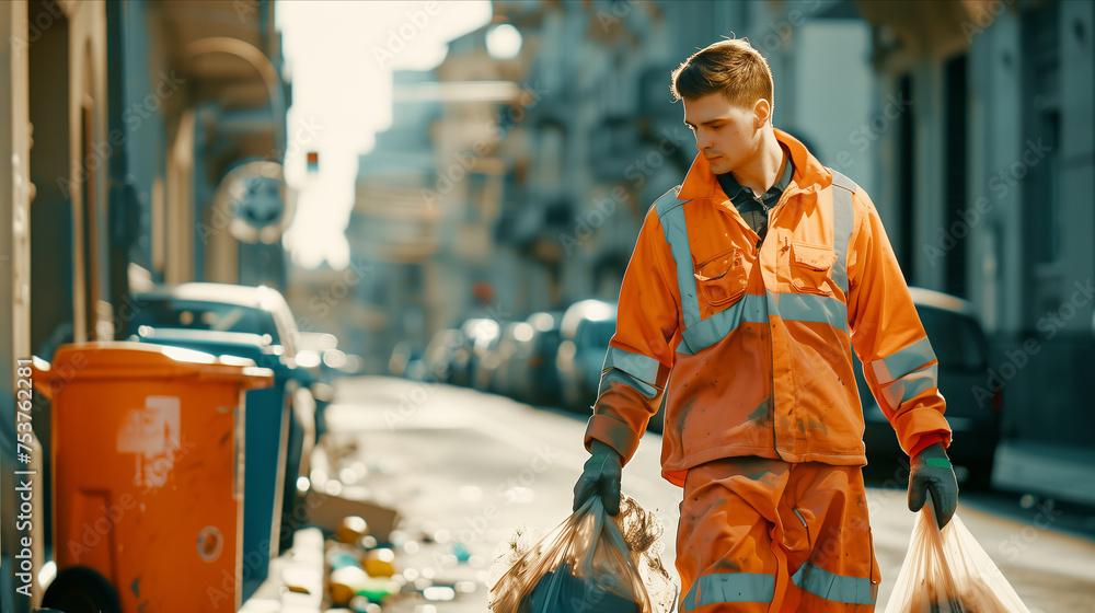 Naklejka premium Caucasian male garbage worker carrying garbage bags in the city.