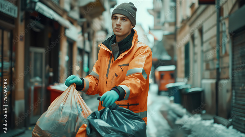 Caucasian male garbage worker carrying garbage bags in the city.