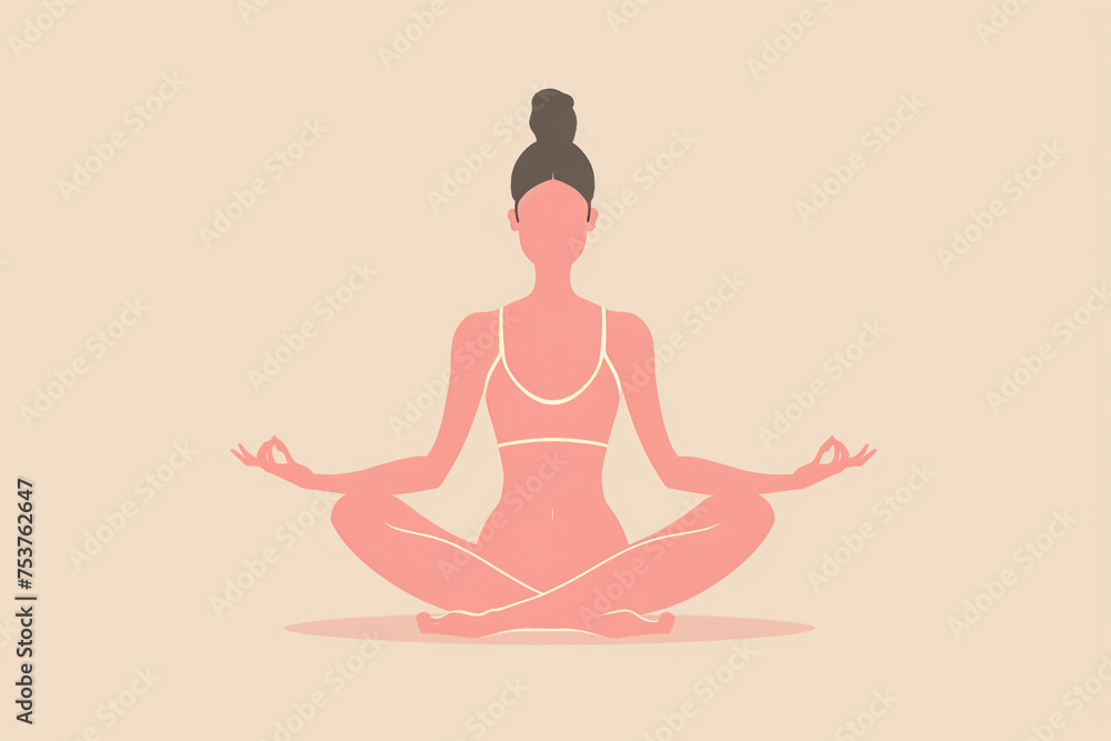 a vintage poster of yoga woman, pastel colors, flat design, plain background