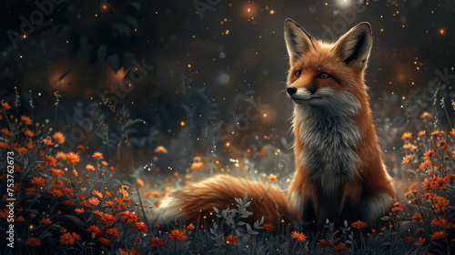 a painting of a red fox sitting in a field of wildflowers with a full moon in the background.