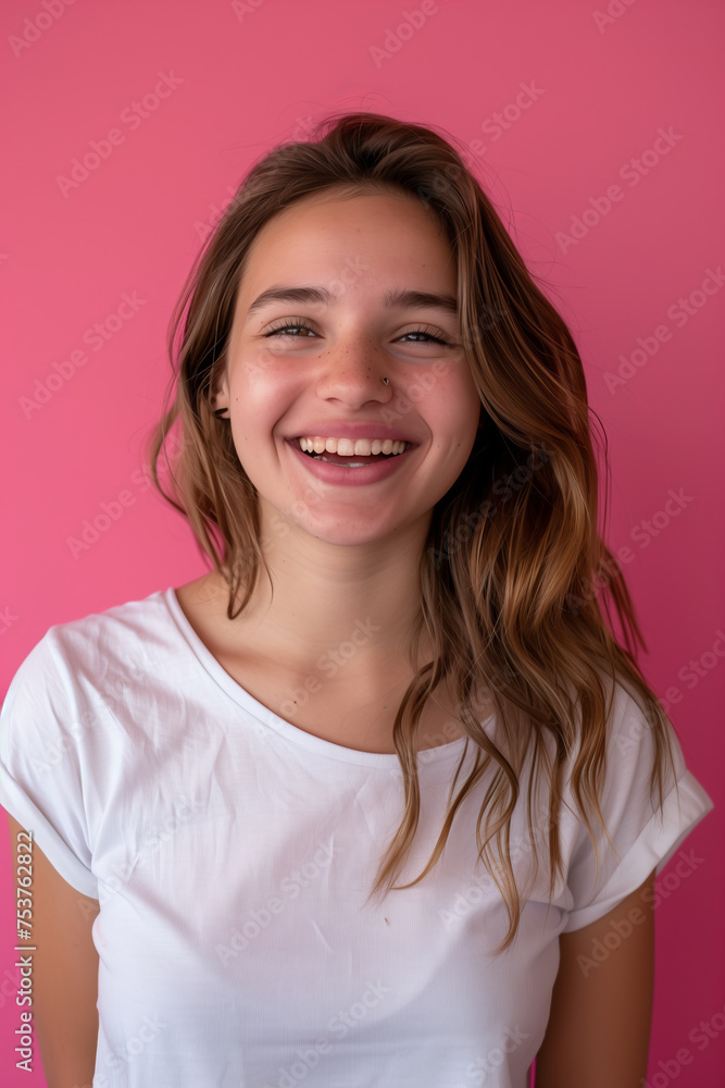 Caucasian woman wearing t-shirt on pink background. Caucasian woman wearing t-shirt on pink background.