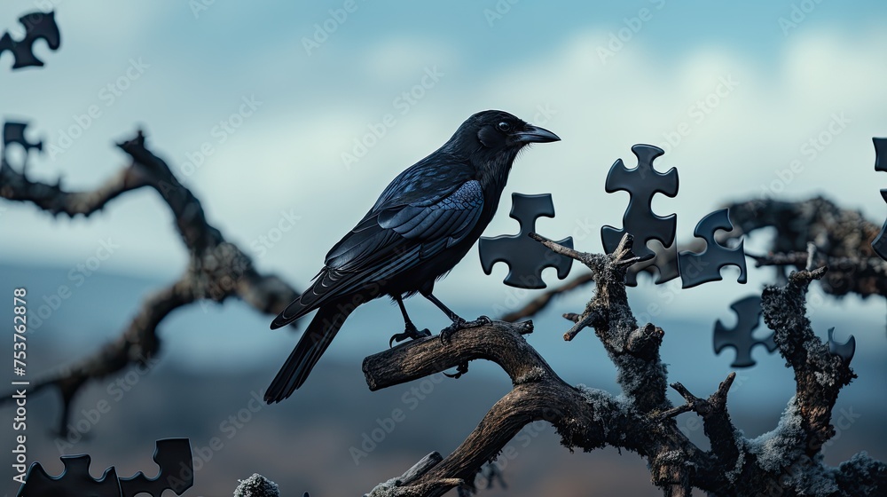 A crow sitting on a tree branch and solving complex puzzles - obrazy, fototapety, plakaty 