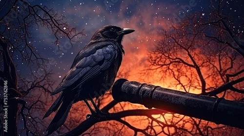A crow sitting on a tree branch and studying astronomy with a telescope