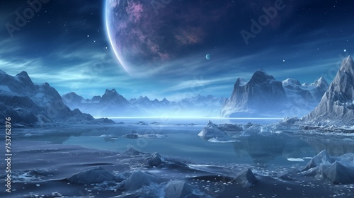 Alien planet fantasy landscape space background. Sci-fi horizontal poster. Science fiction digital raster bitmap illustration. Horizontal format wallpaper. AI artwork.