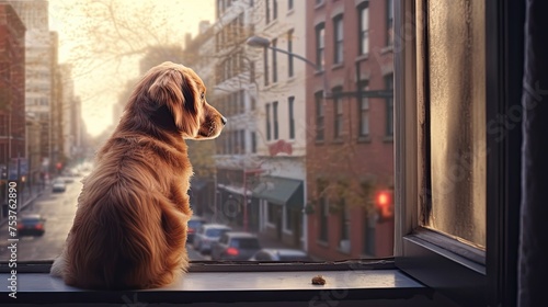 A dog sitting by the window and lovingly watching what is happening on the street