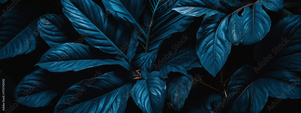 Abstract azure leaves in a captivating flat lay, evoking a dark tropical mood. Dark nature concept, tropical leaf.