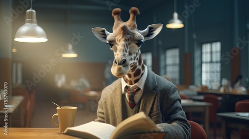 A giraffe studying acting at a drama school