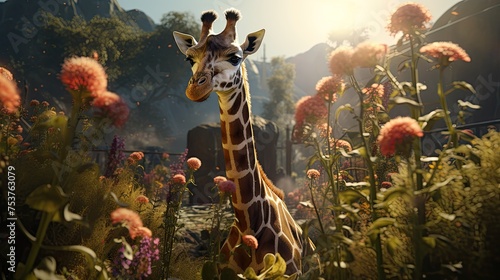 A giraffe spending time on a farm tending to plants photo