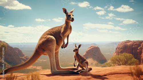 A kangaroo teaching its cub to jump and explore the world around it photo