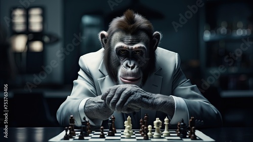 A monkey trying his hand at being a chess grandmaster photo