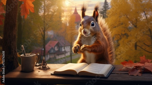 A squirrel sitting on top of a tree writing his autobiography photo