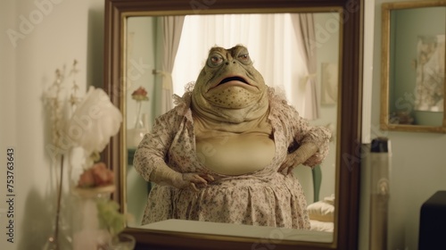 A toad standing in front of a mirror and applying makeup photo