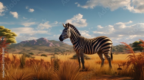 A zebra standing on the savanna and drawing pictures of nature