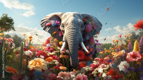 An elephant creating his own flower garden photo