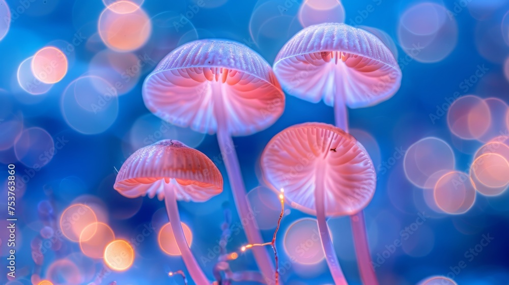 Obraz premium a group of pink mushrooms sitting on top of a lush green field next to a blue boke of light.