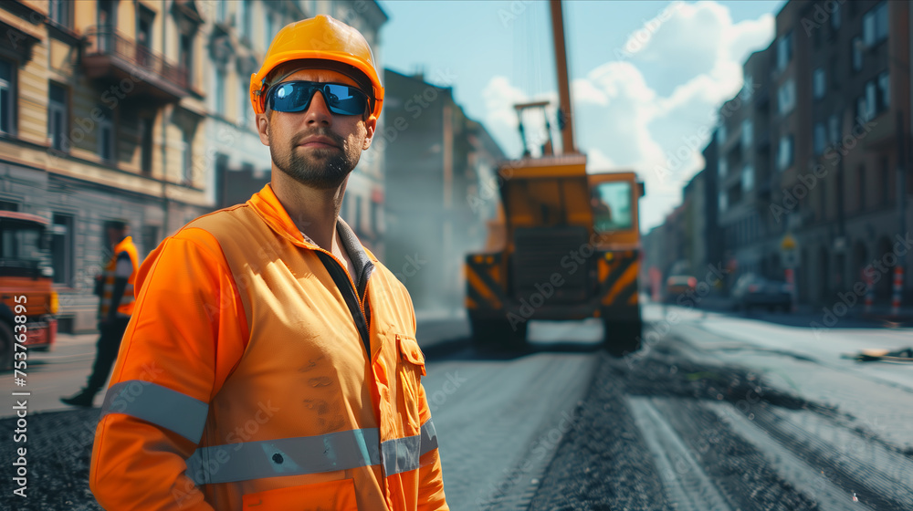 Caucasian male worker looks at camera with expression Confident in building roads in the city. Caucasian male worker looks at camera with expression Confident in building roads in the city.