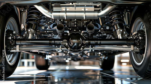 Detailed view underneath vehicle showing tires, rim, and engineering components
