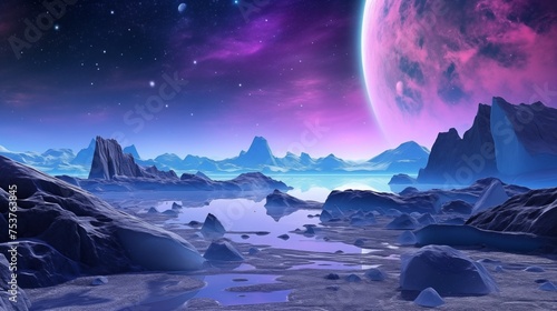 Alien planet fantasy landscape space background. Sci-fi horizontal poster. Science fiction digital raster bitmap illustration. Horizontal format wallpaper. AI artwork. © Oxana