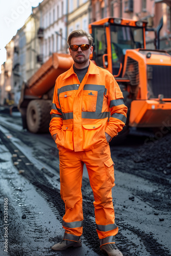 Caucasian male worker looks at camera with expression Confident in building roads in the city.