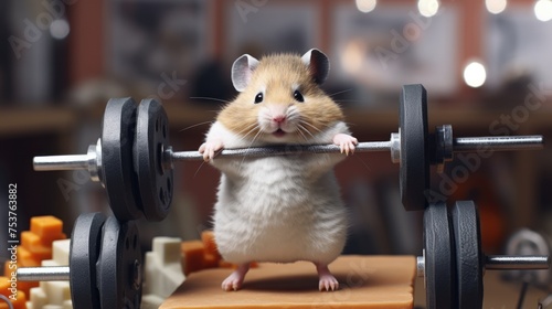 Hamster lifting weights in a miniature gym © Gefo