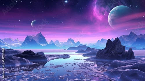 Alien planet fantasy landscape space background. Sci-fi horizontal poster. Science fiction digital raster bitmap illustration. Horizontal format wallpaper. AI artwork.