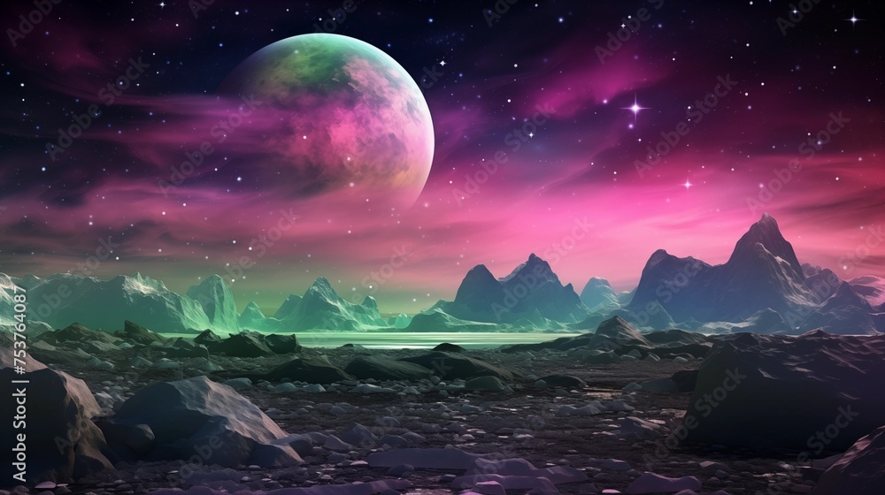 Alien planet fantasy landscape space background. Sci-fi horizontal poster. Science fiction digital raster bitmap illustration. Horizontal format wallpaper. AI artwork.