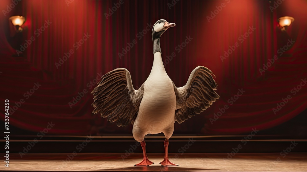 A goose standing on stage performing operatic arias - obrazy, fototapety, plakaty 