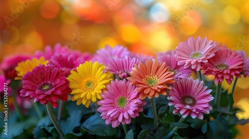a bunch of pink, yellow, and red flowers are in a vase on a table with a blurry background.