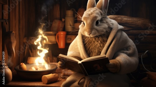 A rabbit sitting by the fire and reading a book in warm pajamas