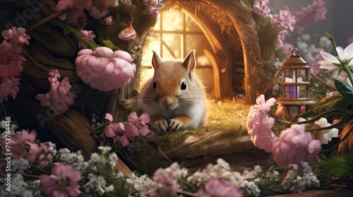 A squirrel creating a cozy nest and decorating it with flowers