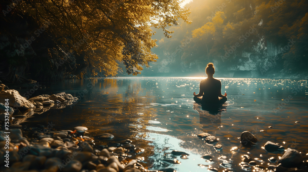 A woman meditating in a serene natural setting, on a river, surrounded by water - obrazy, fototapety, plakaty 