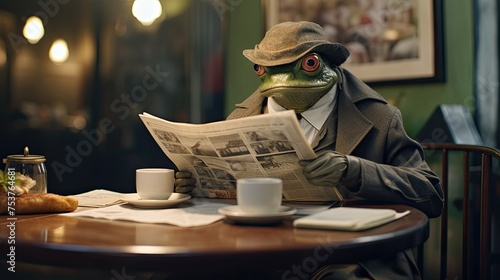 Toad reading poetry at an open mic in a cafe photo