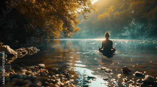 A woman meditating in a serene natural setting, on a river, surrounded by water #753764684