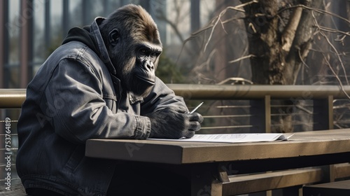 A gorilla sitting on a park bench and drawing portraits of passers by