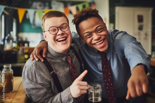 boyswith Down syndrome hugs best friend in school  friends with trisomy 21 Inclusion concept