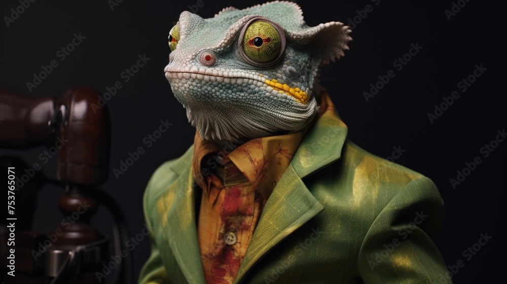 Chameleon posing for a photographer in various outfits Chameleon posing for a photographer in various outfits