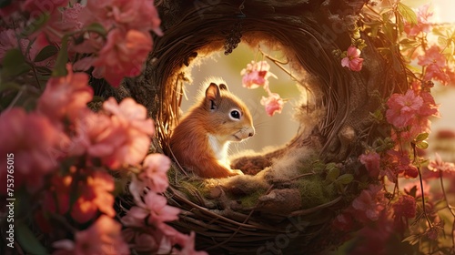 A squirrel creating a cozy nest and decorating it with flowers © Gefo