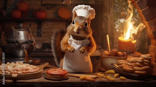 A squirrel baking pies and preparing dinner for his friends