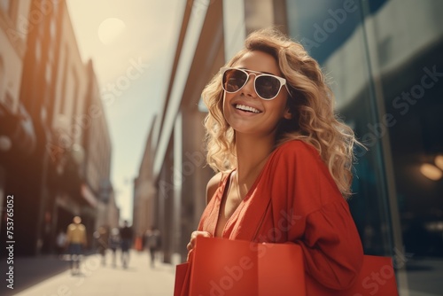 Young woman in a red summer dress, sunglasses and handbag shopping
