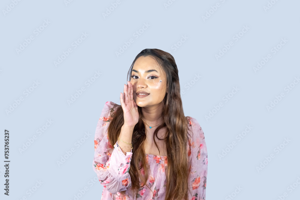 Fototapeta premium Nepalese Indian Bridesmaid Fairy Cosplay Girl Giving Several Gestures and Expressions of Pointing