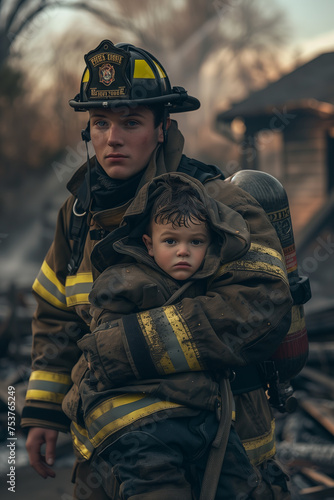 A Caucasian male firefighter carries a young boy in a fire disaster area.