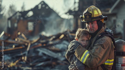 A Caucasian male firefighter carries a young boy in a fire disaster area.