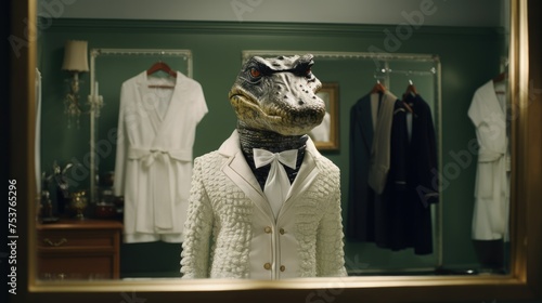 A crocodile standing in front of a mirror and trying on various fashionable outfits photo