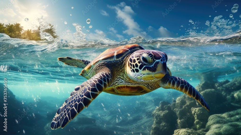 Obraz premium Turtle swimming in the ocean and taking underwater photos
