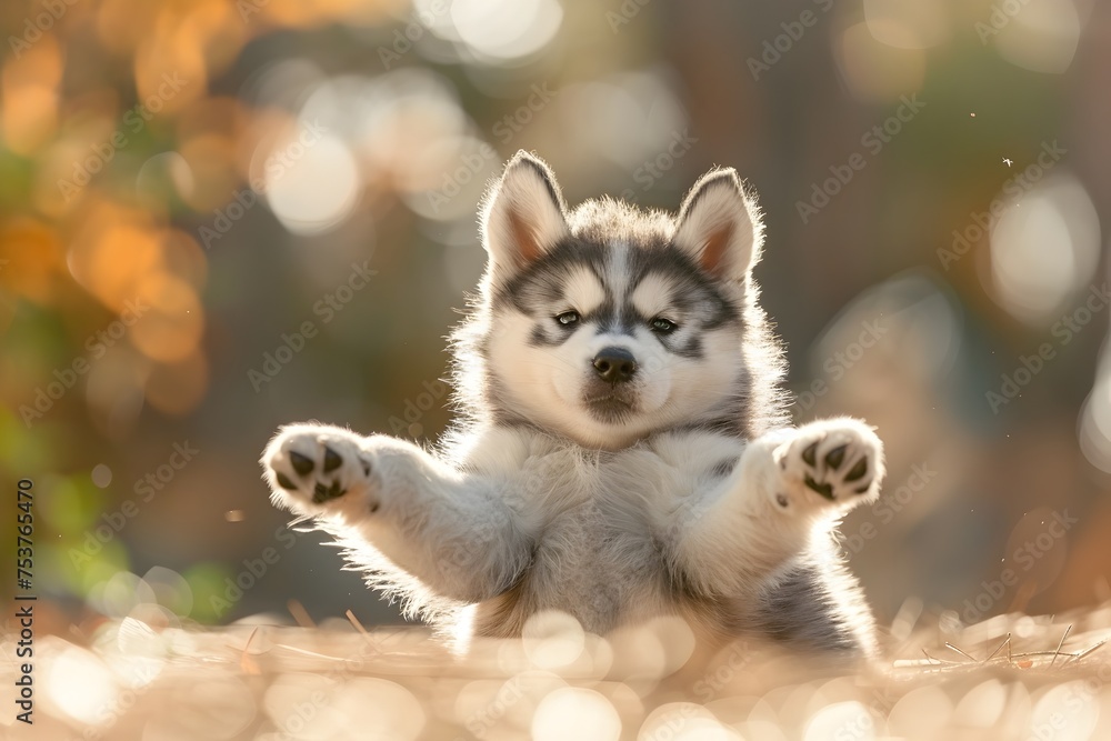 Husky Puppy Stretching in Autumn Grass