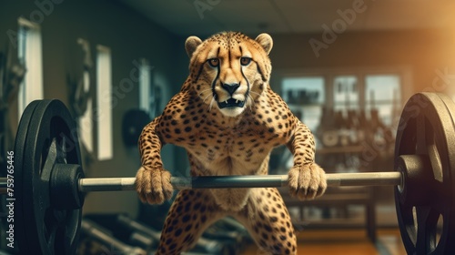 Fototapeta Naklejka Na Ścianę i Meble -  Cheetah trying a new sport and training in the gym